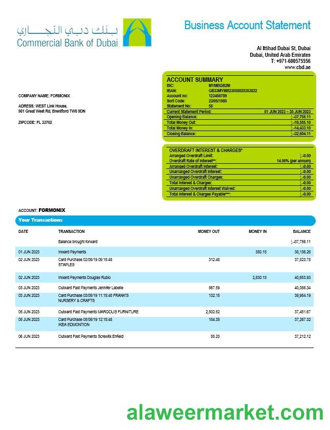Commercial Bank of Dubai company checking account statement Word and PDF template